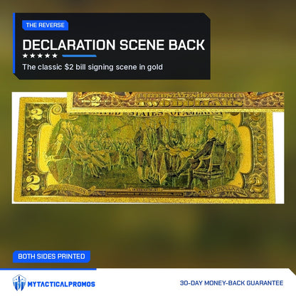 Back of the Trump Vance $2 gold foil novelty bill with the Declaration signing scene