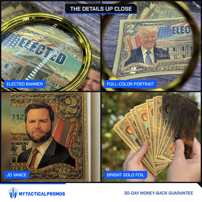 Trump Vance $2 gold foil novelty bill close-ups: ELECTED banner, full-color portrait, JD Vance, bright gold foil