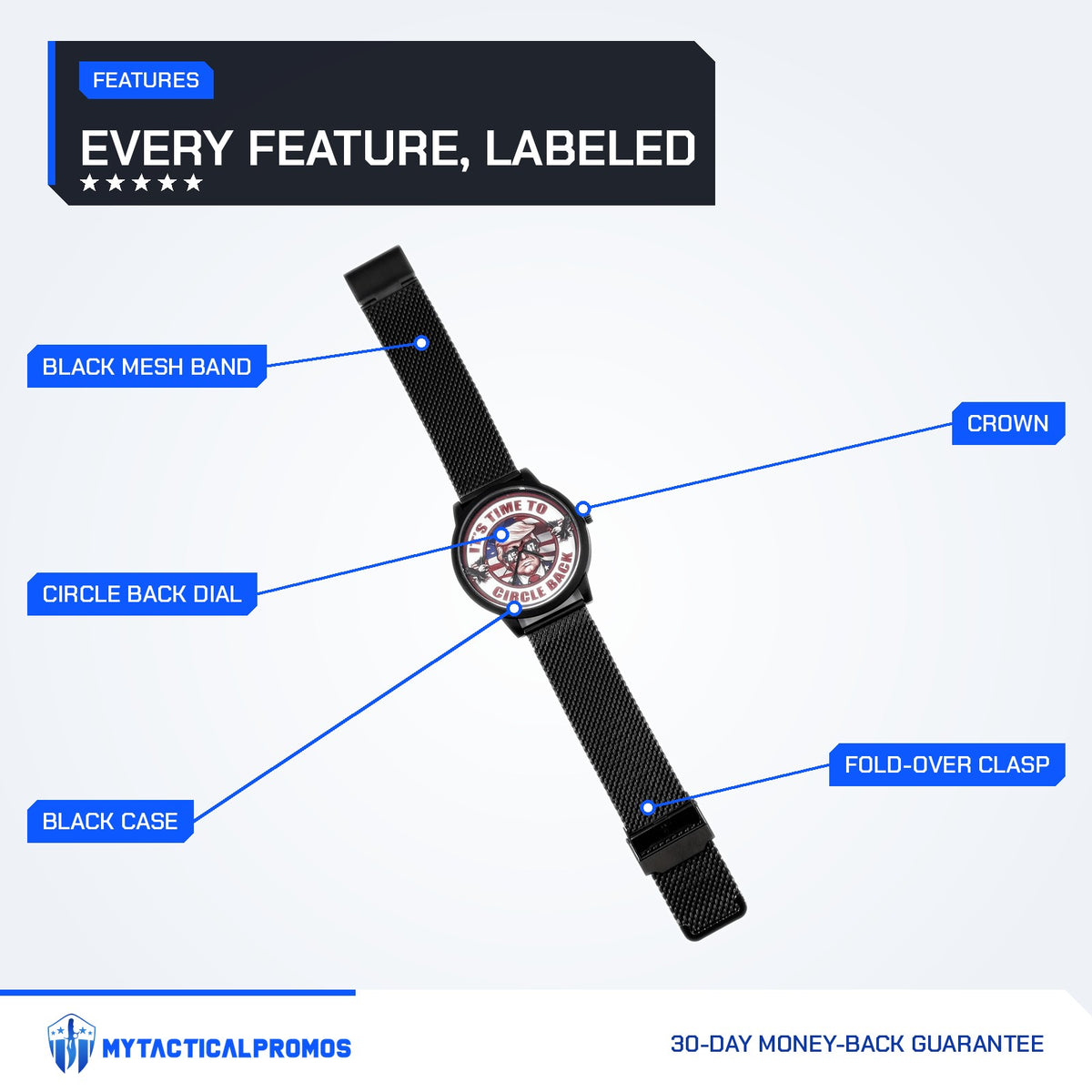 Trump Watch features labeled: black mesh band, IT'S TIME TO CIRCLE BACK dial, crown, black case, fold-over clasp