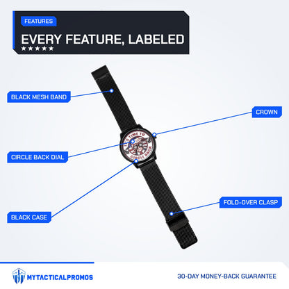 Trump Watch features labeled: black mesh band, IT'S TIME TO CIRCLE BACK dial, crown, black case, fold-over clasp