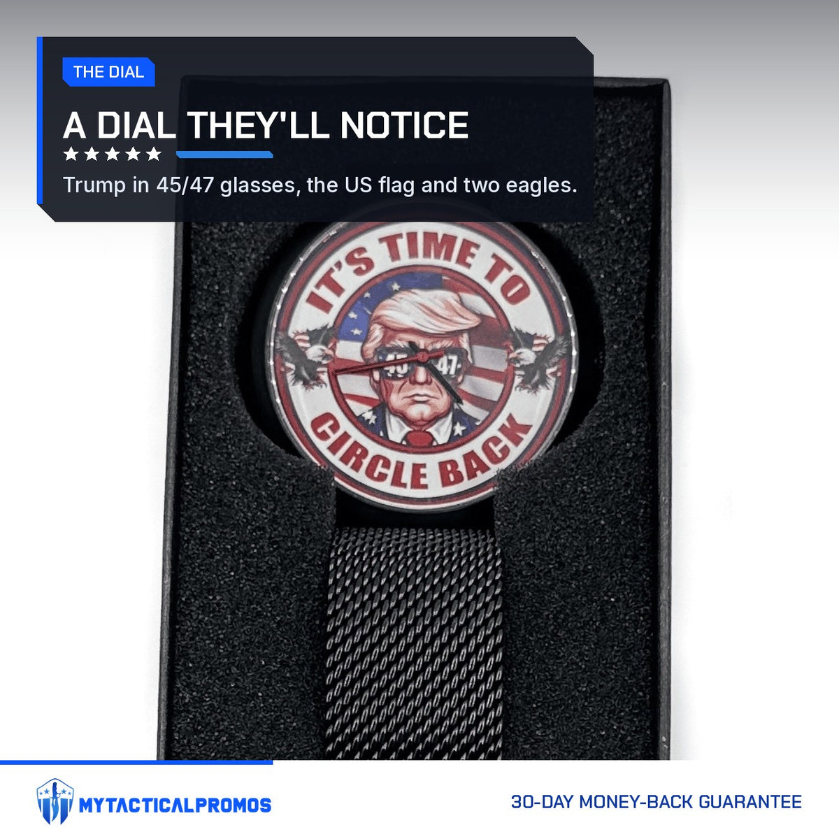 Trump Watch illustrated dial close-up in its gift box
