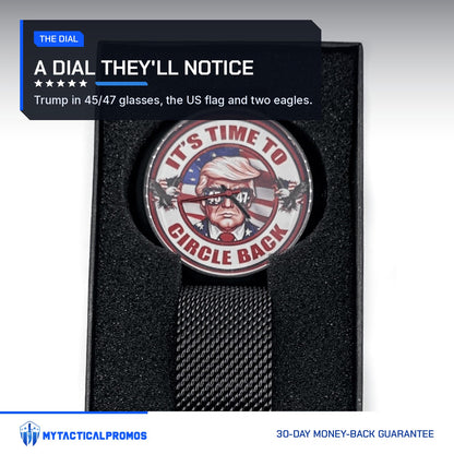 Trump Watch illustrated dial close-up in its gift box