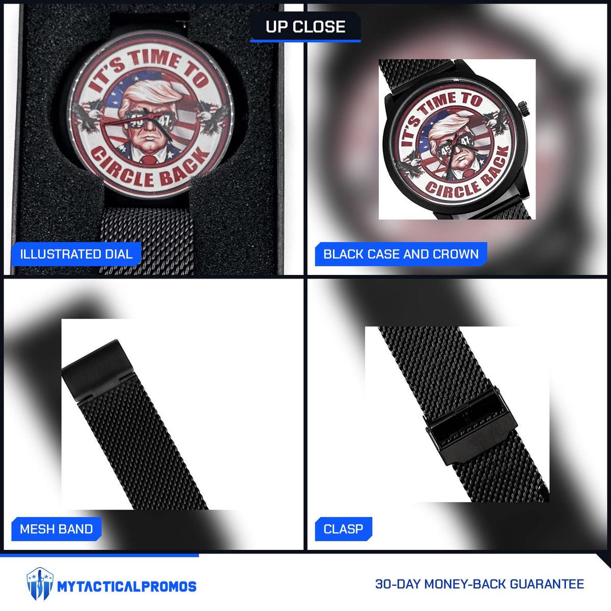 Trump Watch close-ups: illustrated dial, black case and crown, mesh band, clasp