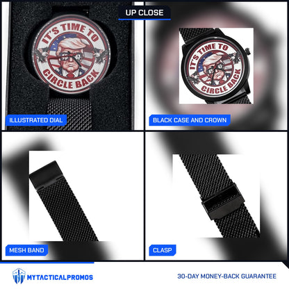 Trump Watch close-ups: illustrated dial, black case and crown, mesh band, clasp