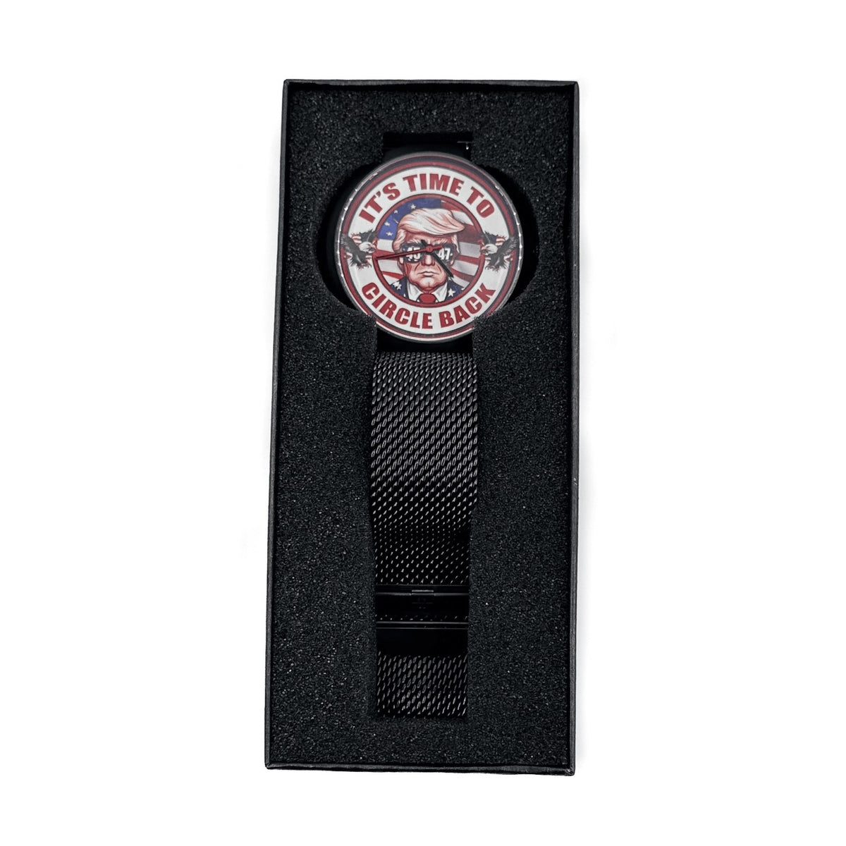 Trump Watch in its black gift box with foam insert