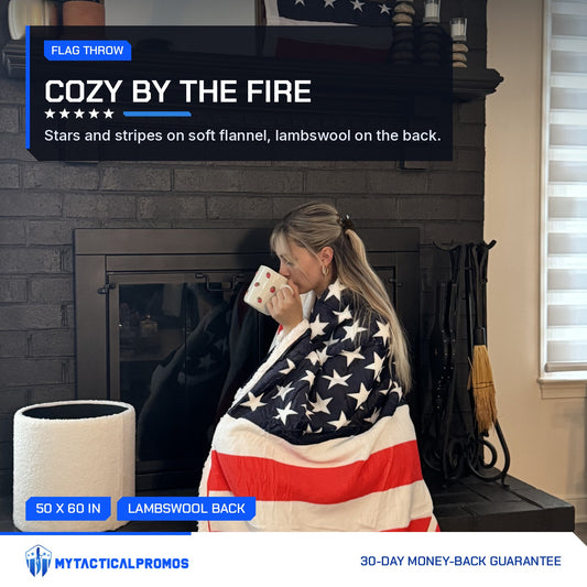Woman wrapped in the USA Flag Throw Blanket by a fireplace