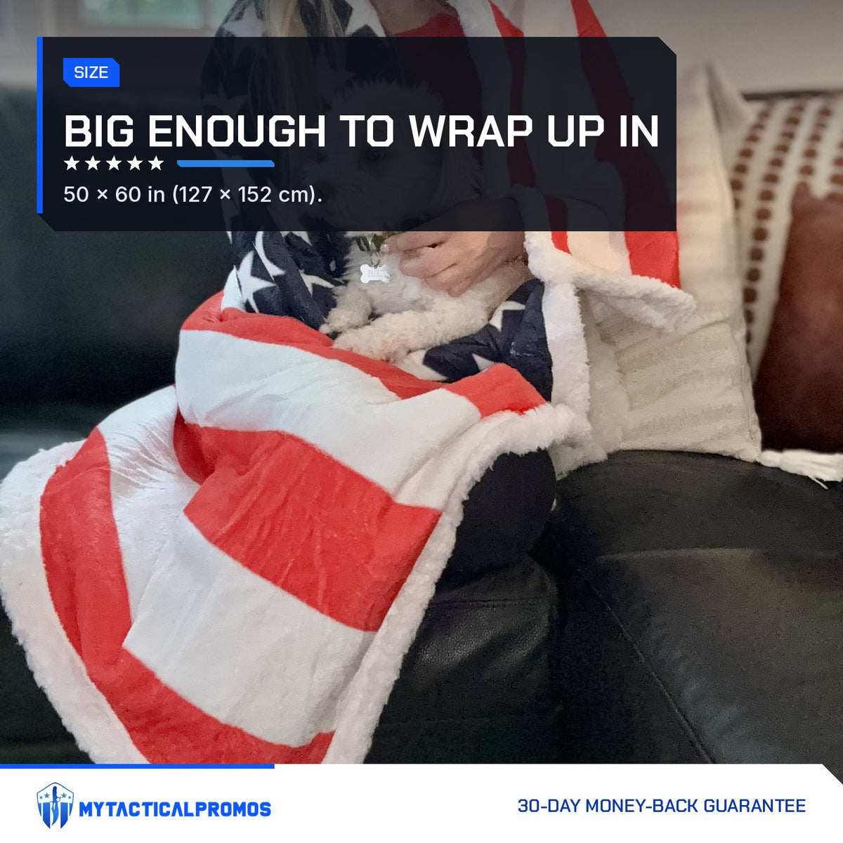 Woman and small dog wrapped in the USA Flag Throw Blanket on a leather couch