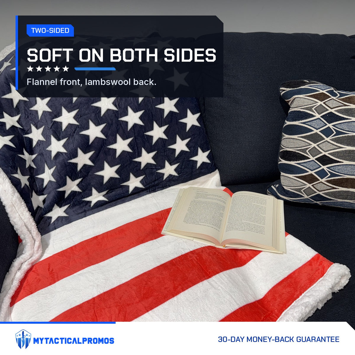 USA Flag Throw Blanket on a navy couch showing the soft lambswool edge