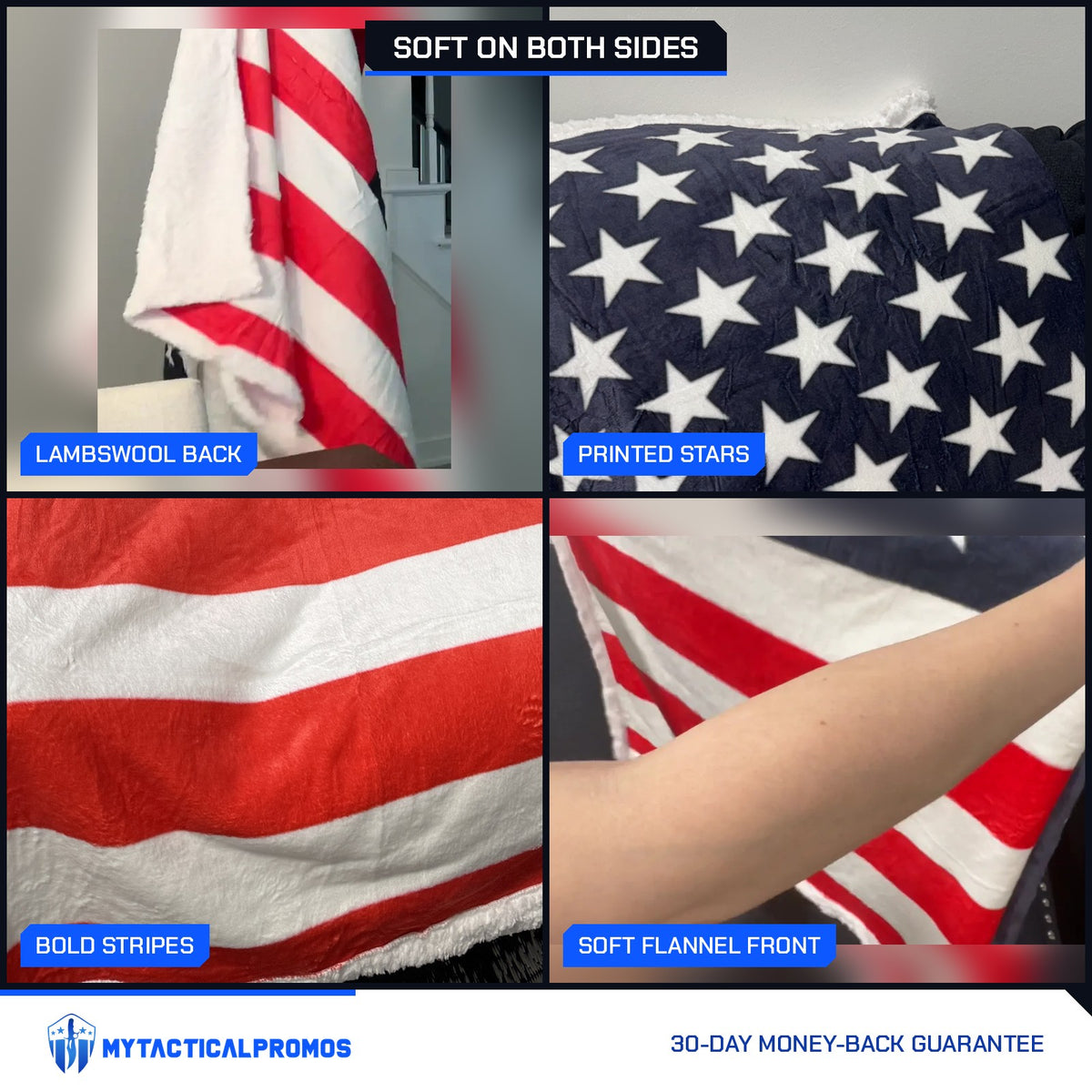 USA Flag Throw Blanket close-ups: lambswool back, printed stars, bold stripes, soft flannel front