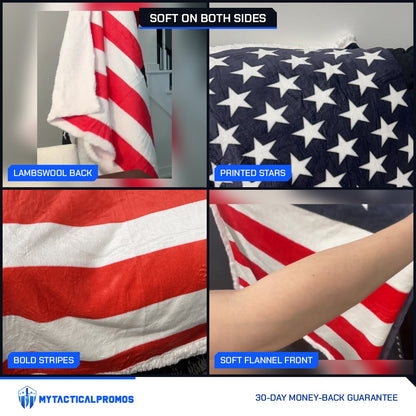 USA Flag Throw Blanket close-ups: lambswool back, printed stars, bold stripes, soft flannel front
