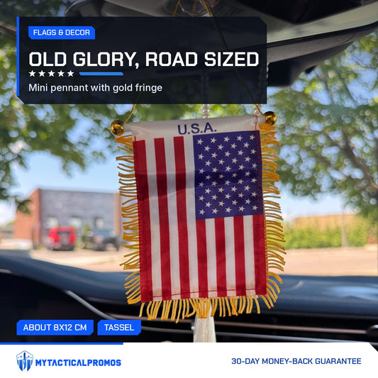 USA Flag Mini Pennant hanging from a car mirror
