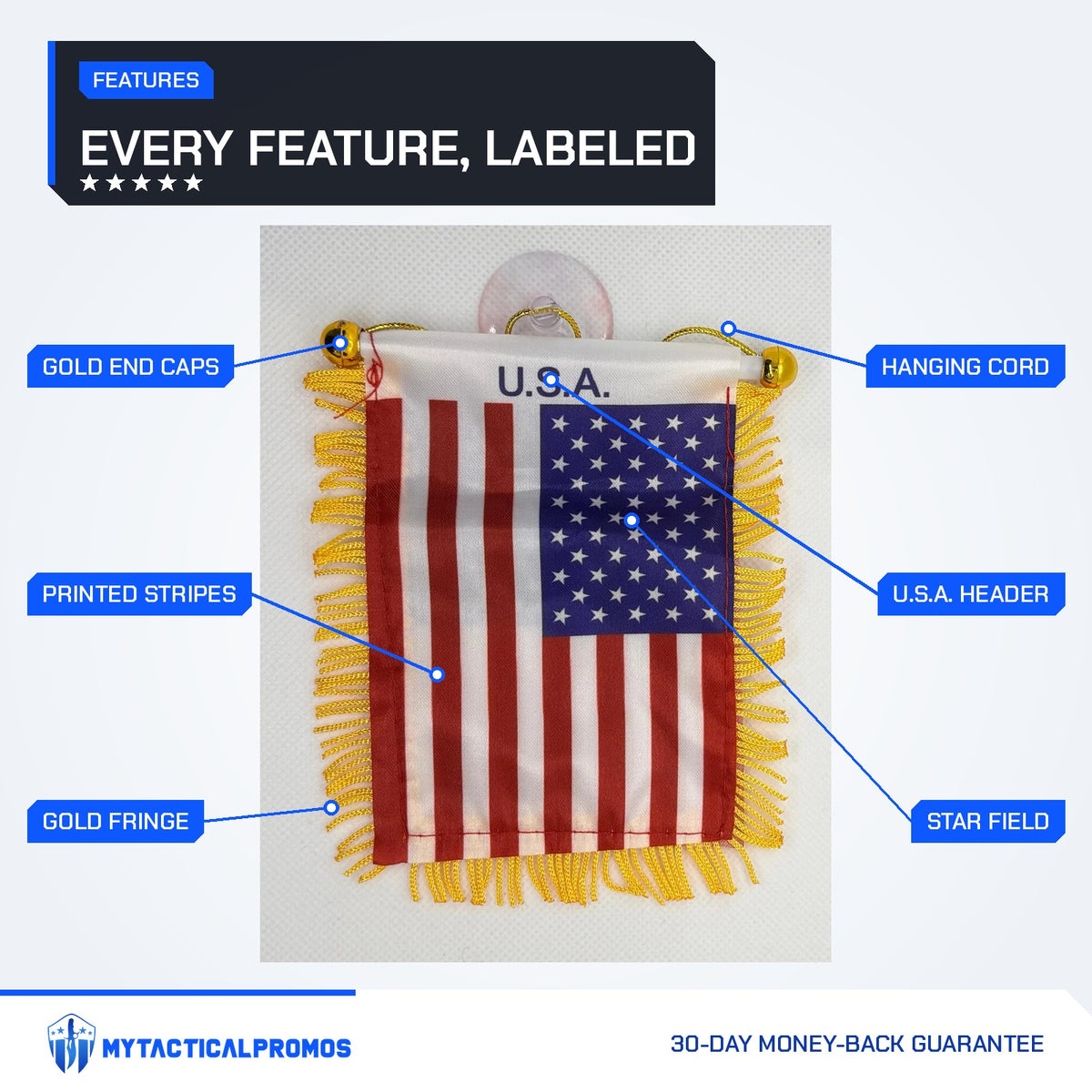 USA Flag Mini Pennant features labeled: gold end caps, U.S.A. header, hanging cord, star field, printed stripes, gold fringe