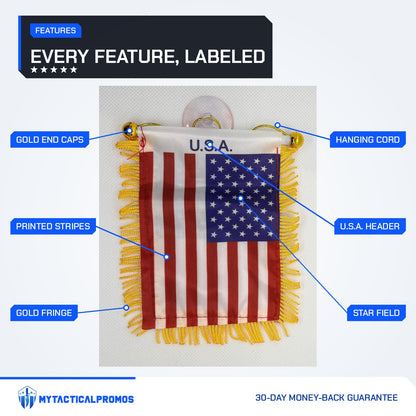 USA Flag Mini Pennant features labeled: gold end caps, U.S.A. header, hanging cord, star field, printed stripes, gold fringe