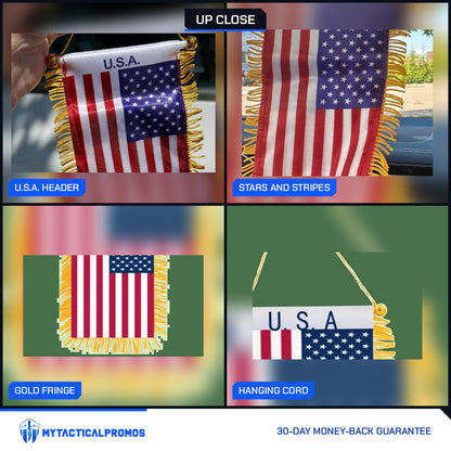 USA Flag Mini Pennant close-ups: U.S.A. header, printed stars and stripes, gold fringe, hanging cord