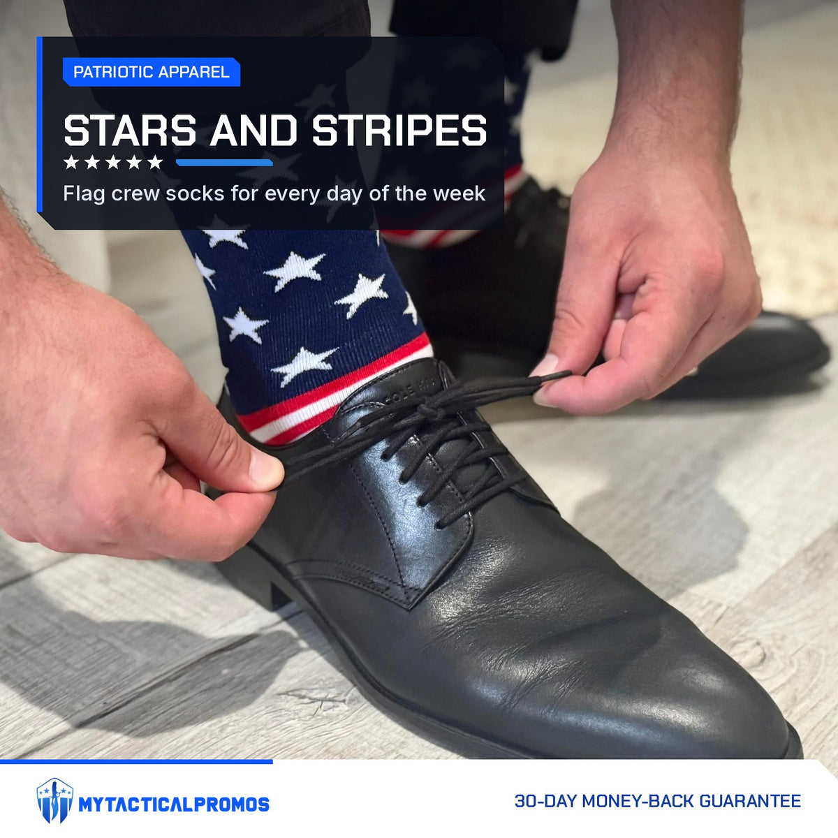 Man lacing a dress shoe while wearing USA Flag Socks