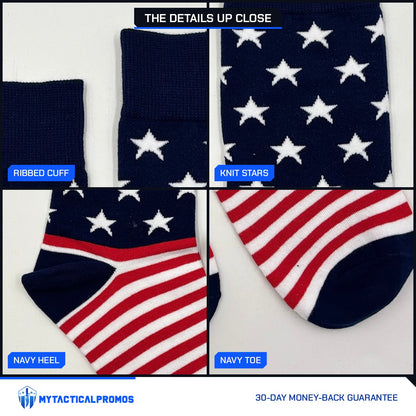 USA Flag Socks close-ups: ribbed cuff, knit stars, navy heel, navy toe