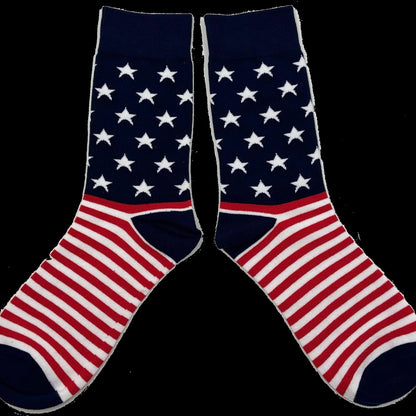 USA Flag Socks pair laid flat on black