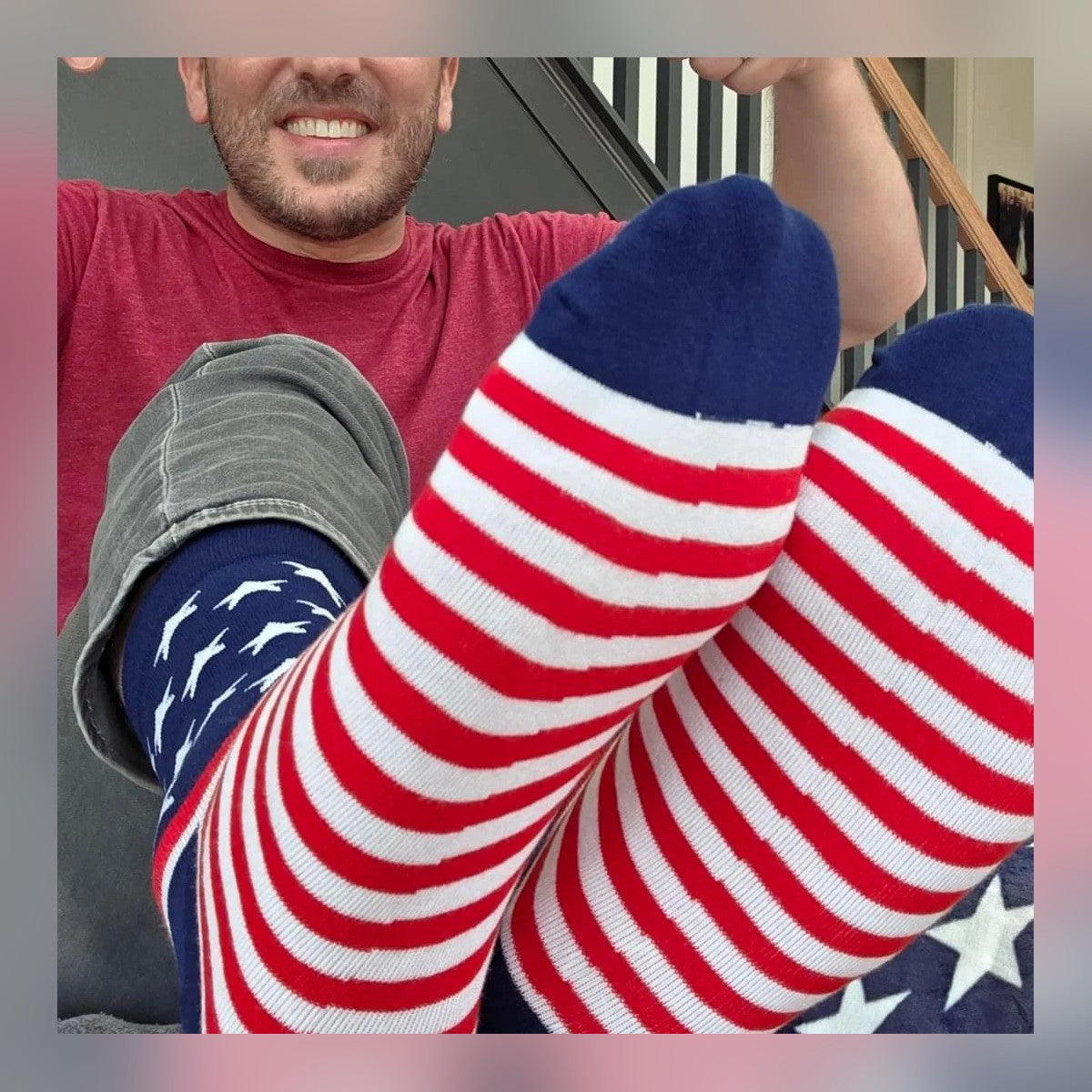 Man with feet up showing off USA Flag Socks