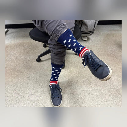 USA Flag Socks worn with sneakers in an office