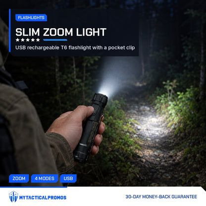 Hand holding the USB Flashlight on a dark forest trail, beam lighting the path