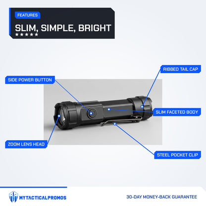USB Flashlight features labeled: zoom lens head, side power button, slim faceted body, steel pocket clip, ribbed tail cap