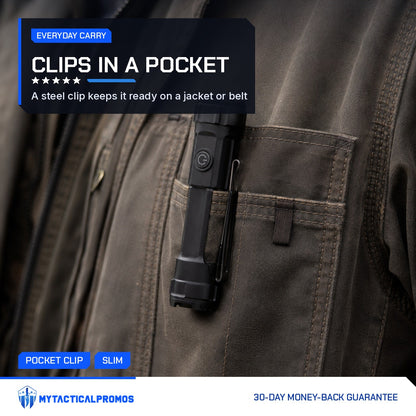 USB Flashlight clipped in a canvas jacket chest pocket