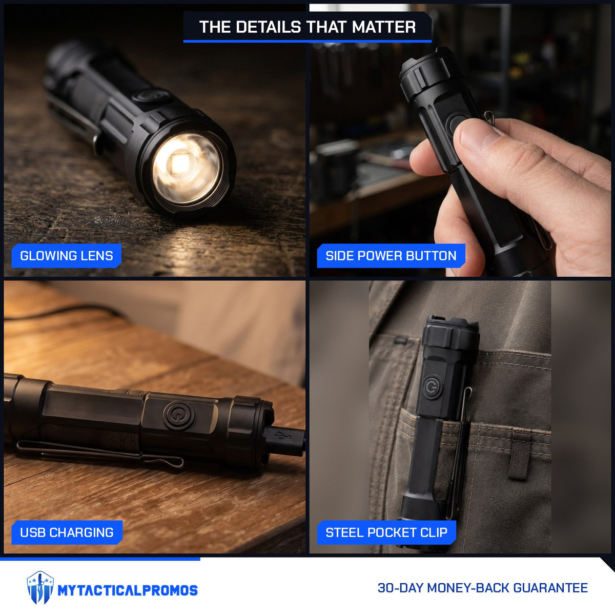 USB Flashlight close-ups: glowing lens, side power button, USB charging, pocket clip