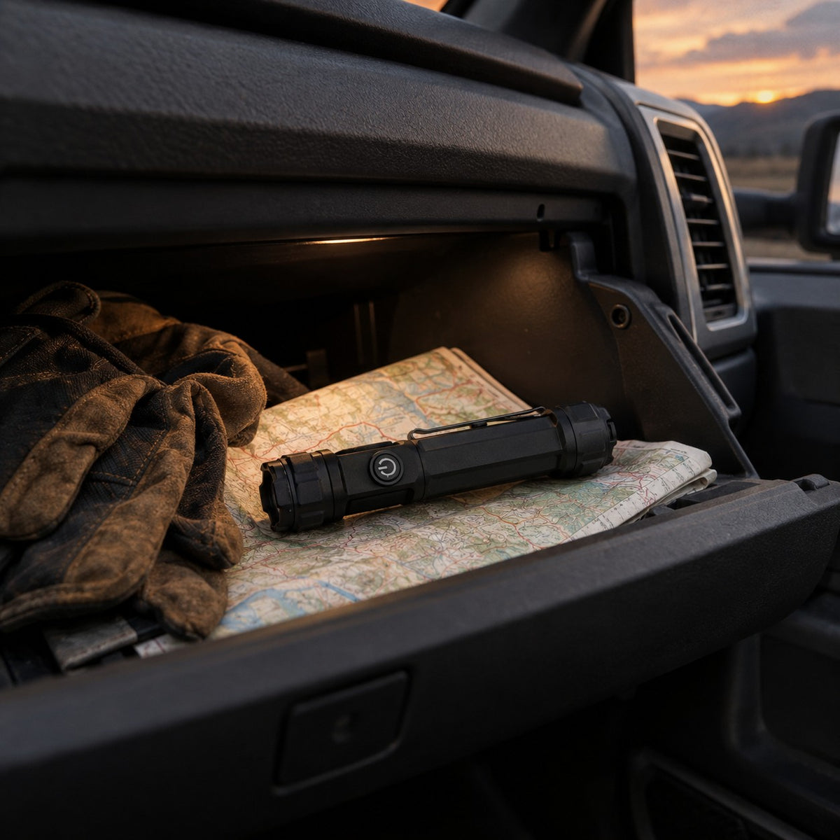 USB Flashlight in a truck glovebox on a road map