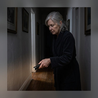 Woman lighting a dark hallway with the USB Flashlight during a power outage