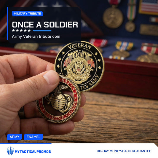 Army Veteran Tribute Coin held in hand in front of a medal case