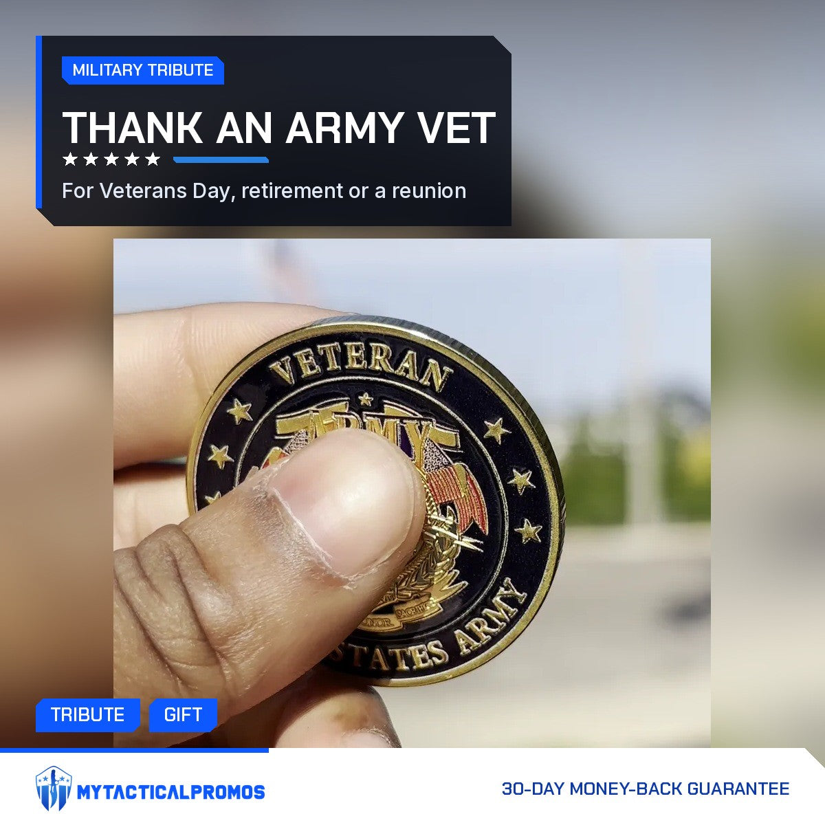 Army Veteran Tribute Coin held up in hand outdoors