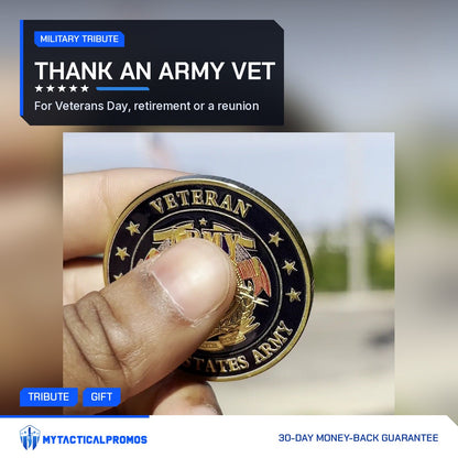 Army Veteran Tribute Coin held up in hand outdoors
