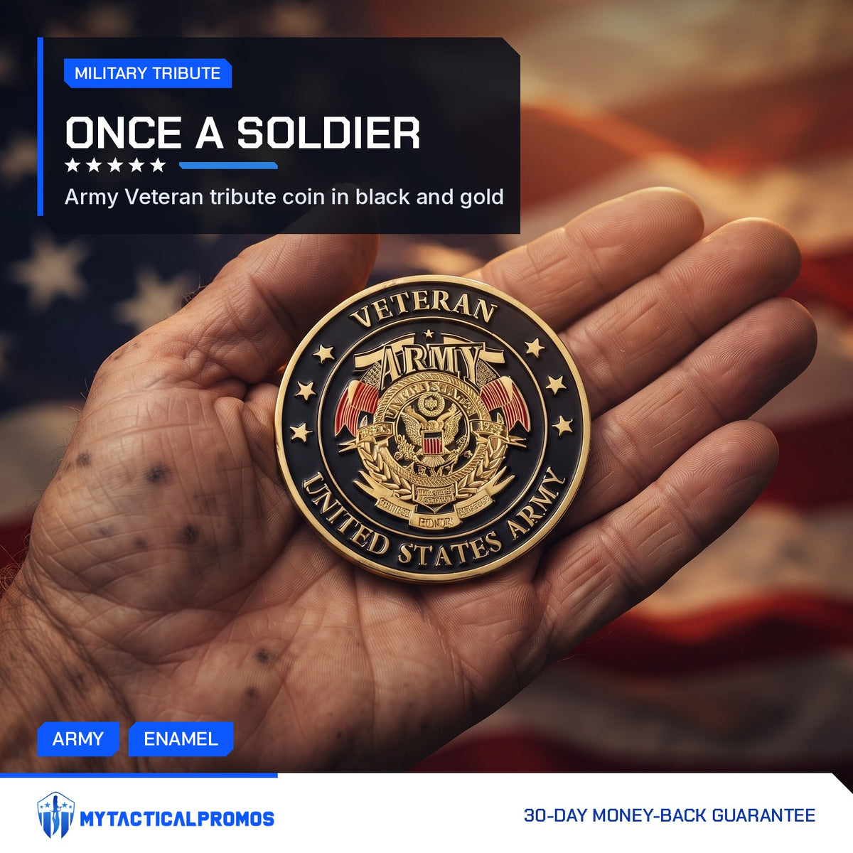 Army Veteran Tribute Coin resting in a weathered palm in front of a flag
