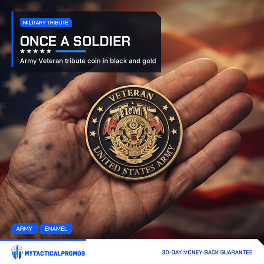 Army Veteran Tribute Coin resting in a weathered palm in front of a flag