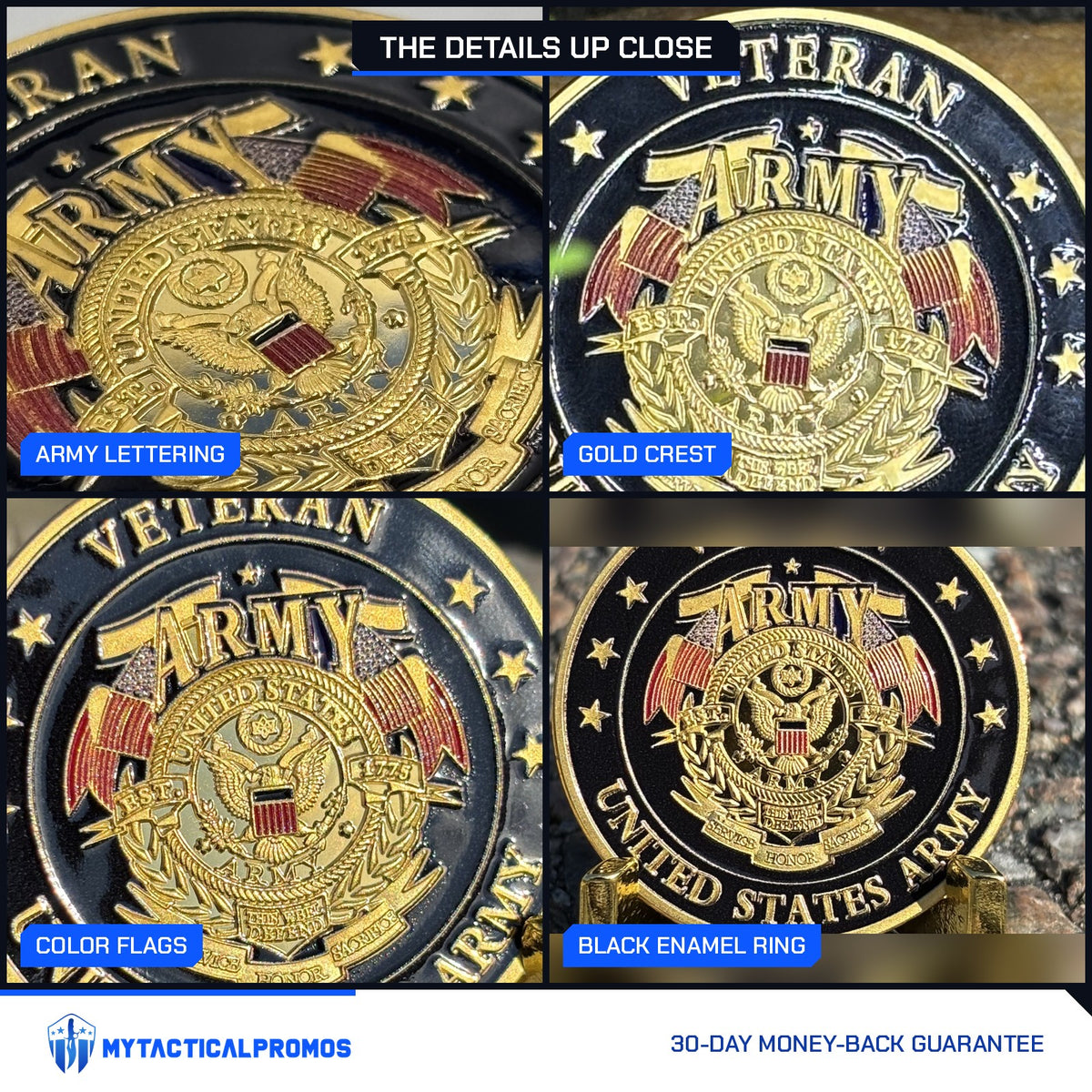Army Veteran Tribute Coin close-ups: Army lettering, gold crest, color flags, black enamel ring