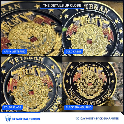 Army Veteran Tribute Coin close-ups: Army lettering, gold crest, color flags, black enamel ring