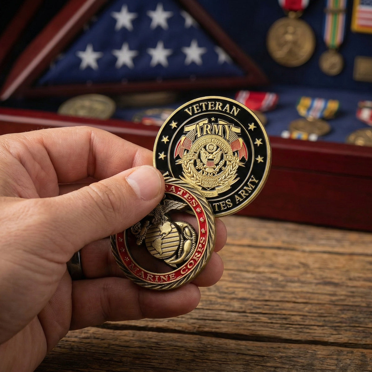 Army Veteran Tribute Coin held in front of a medal case, with our Marine Tribute Coin (sold separately)