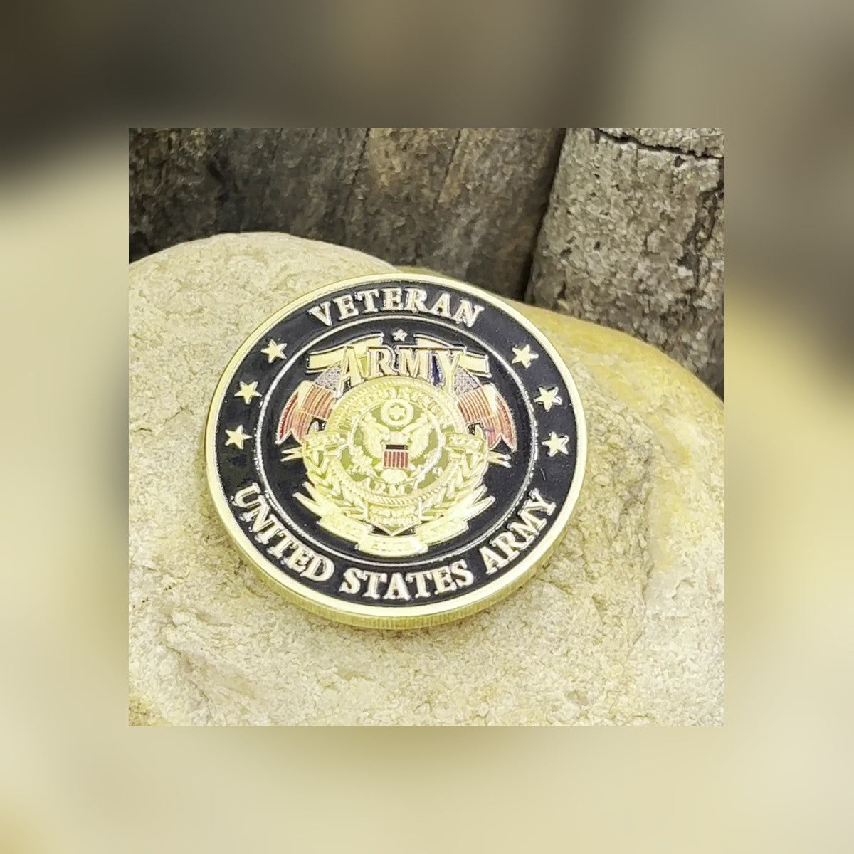 Army Veteran Tribute Coin resting on a stone outdoors