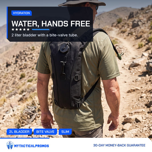 Hydration Backpack worn by a man hiking a dry mountain trail