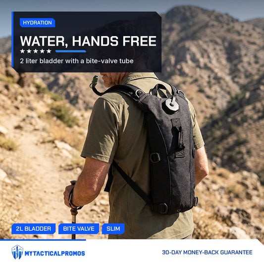 Hiker wearing the black Hydration Backpack on a mountain trail