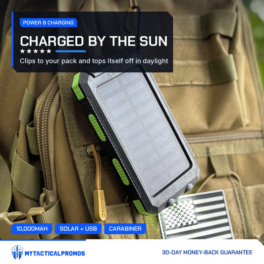 Waterproof Solar Charger clipped to a backpack in daylight