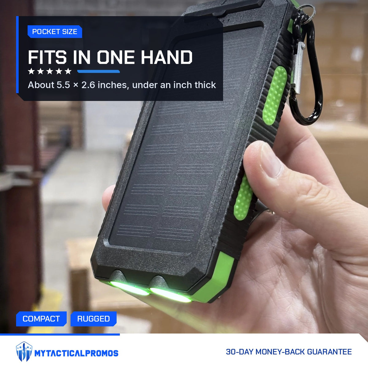 Hand holding the Waterproof Solar Charger with its twin LEDs on