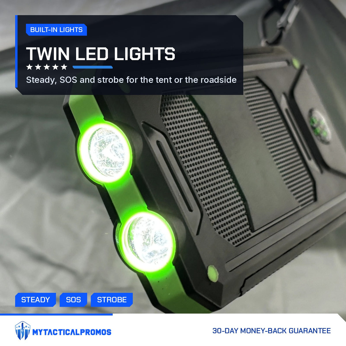 Waterproof Solar Charger twin LED flashlights glowing