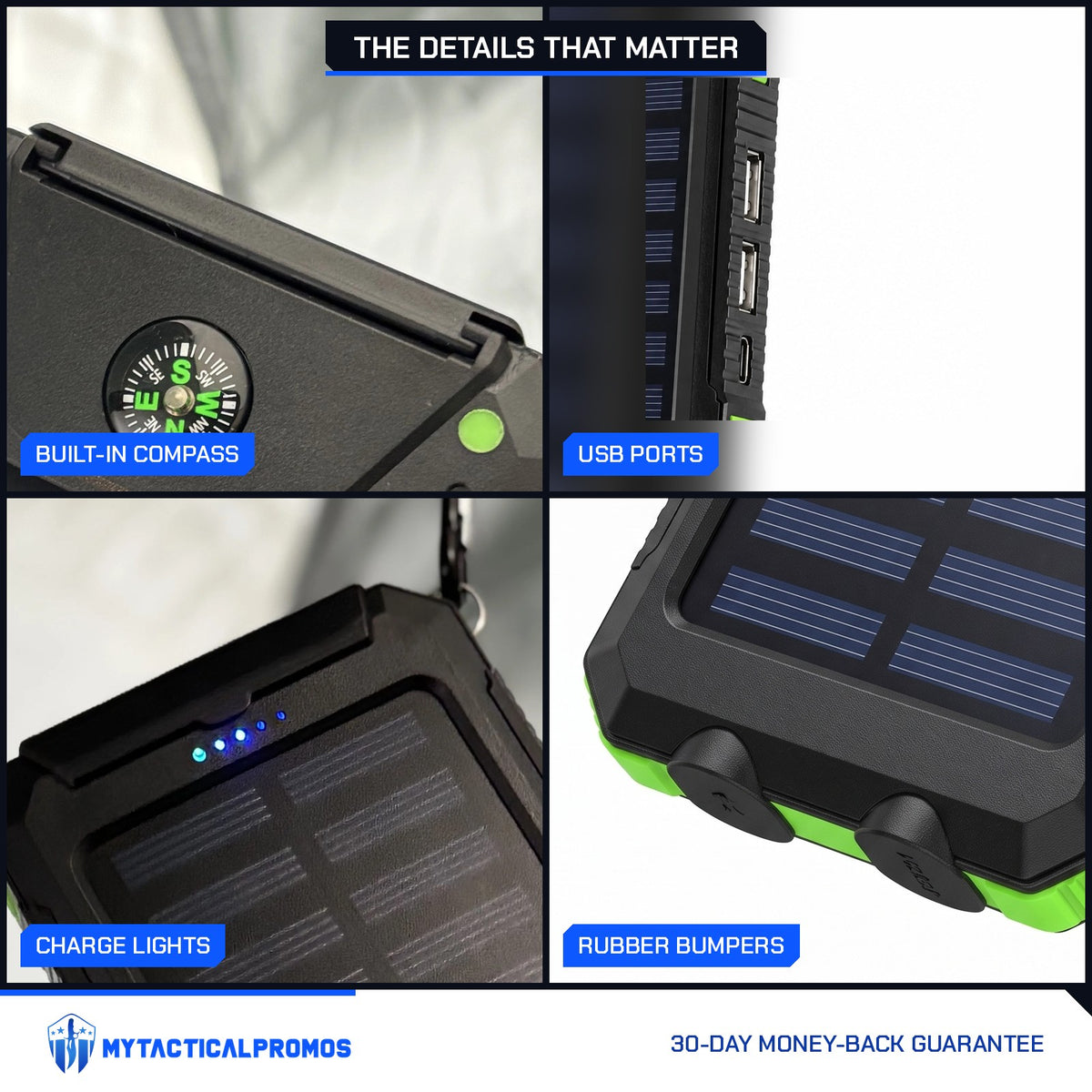 Waterproof Solar Charger close-ups: built-in compass, USB ports, blue charge lights, rubber bumpers