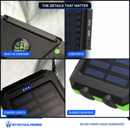Waterproof Solar Charger close-ups: built-in compass, USB ports, blue charge lights, rubber bumpers