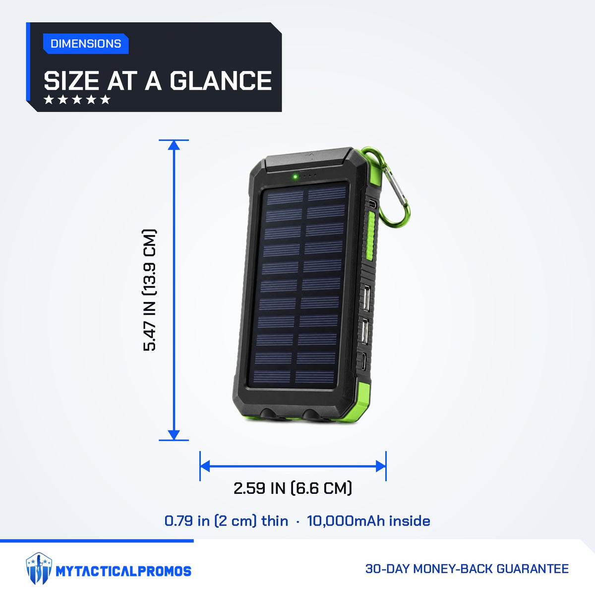 Waterproof Solar Charger dimensions: 5.47 x 2.59 inches, 0.79 inches thin, 10,000mAh