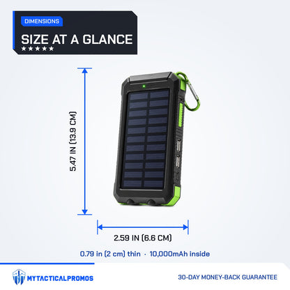 Waterproof Solar Charger dimensions: 5.47 x 2.59 inches, 0.79 inches thin, 10,000mAh