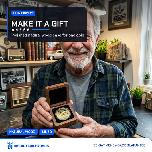 Wood Coin Case held open by a smiling older man