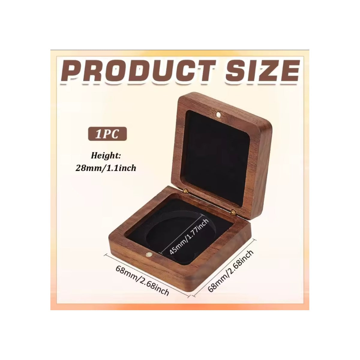 Wood Coin Case size chart: 68 x 68 x 28 mm, 45 mm recess