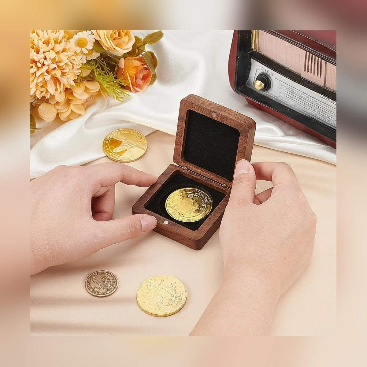Wood Coin Case held open in two hands with a coin in the recess